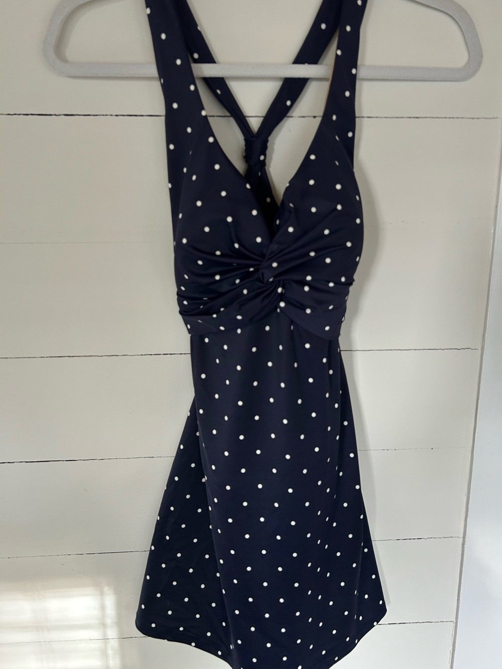 LL Bean Women’s One Piece Navy Polka Dot Halter Swimdress, Size 12